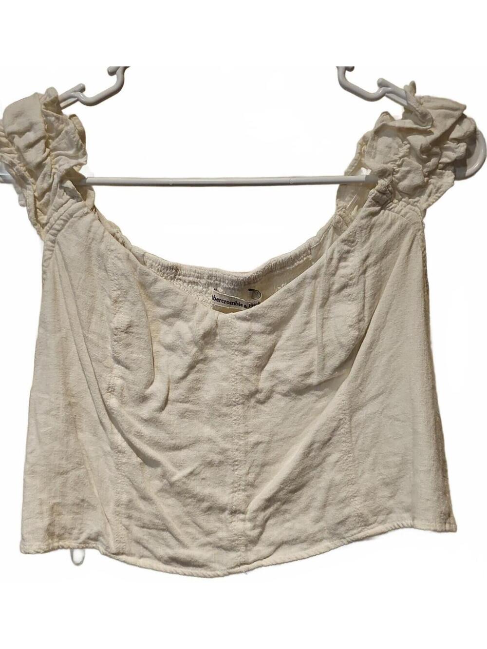 Abercrombie & Fitch white puff sleeve Linen Blend crop top smocked back Size M